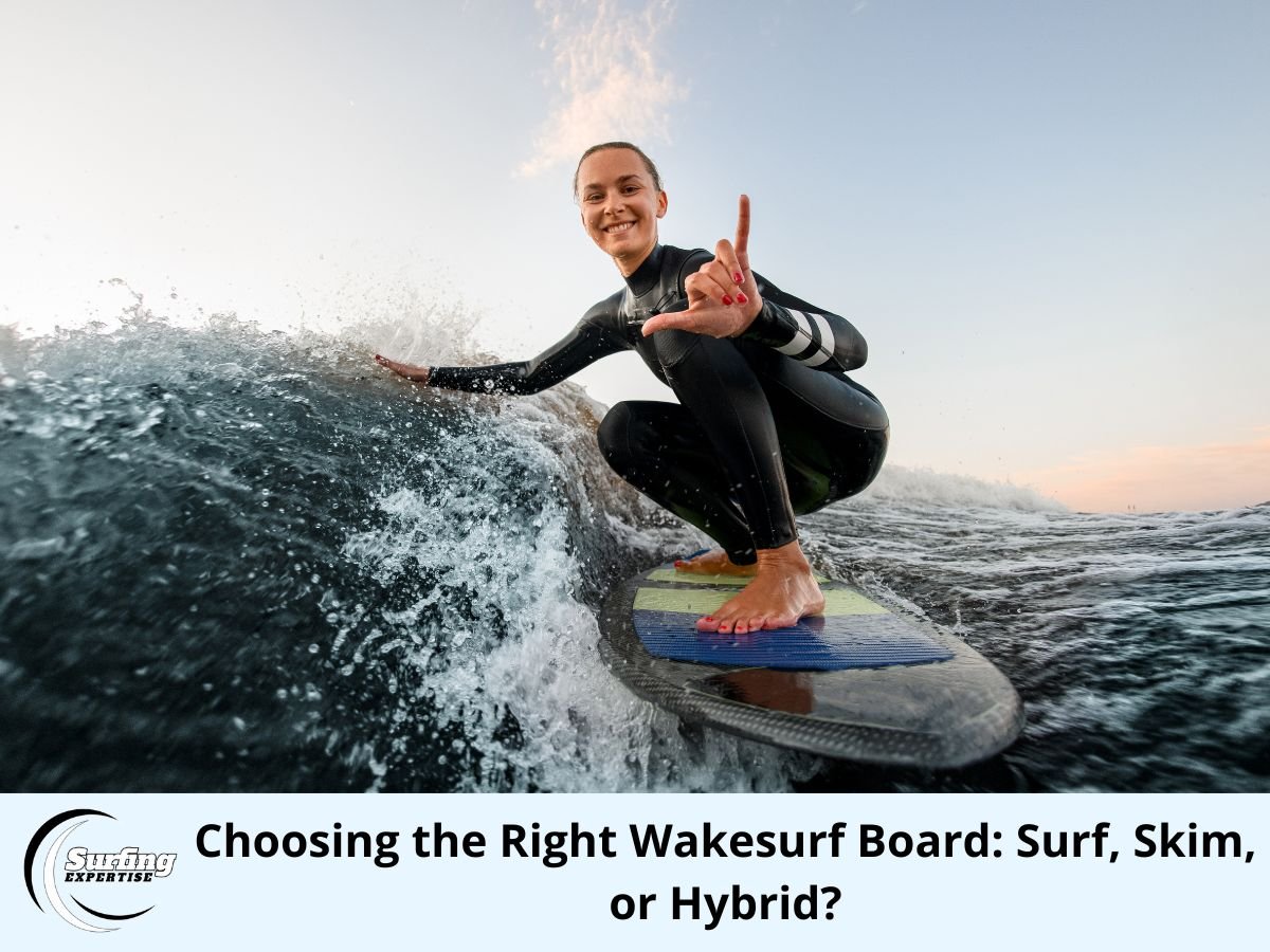 A woman with a smile on her face sits atop a wakesurf board, riding the wave as she reaches out to touch the water with one hand.